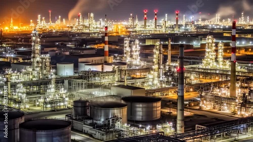 Nighttime Aerial View of a Large Industrial Oil Refinery with Bright Lighting and Smoke Emissions
