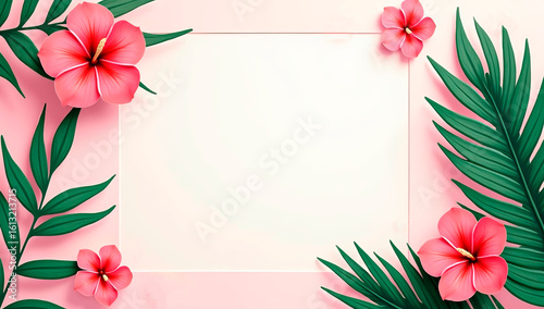 Bright pink background filled with lush green tropical leaves and vibrant flowers creates a lively atmosphere. Empty central area allows for personalized text or design, perfect for invitations.
