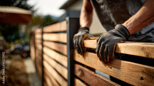 Man installing modern wood and metal slat fence, close-up on hands in gloves adjusting top panel – emphasizing entrance, privacy, and architectural design.