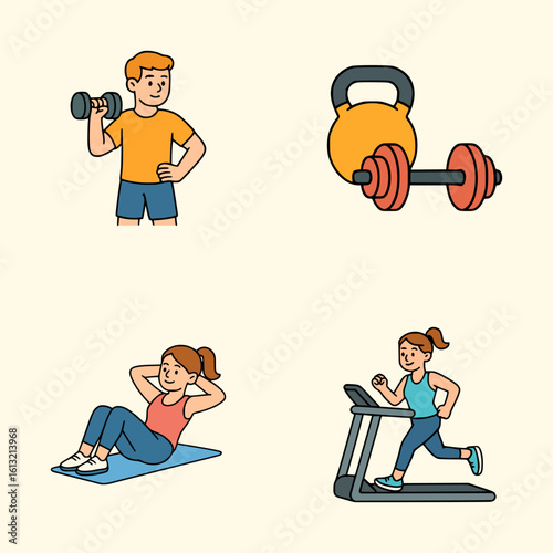 Flat vector illustration of people doing gym activities: cardio, strength training, dumbbells, and ab workouts for health