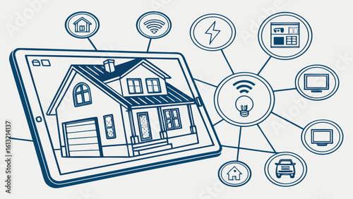 Smart home concept showing house on tablet with connected devices and appliances in a network system
