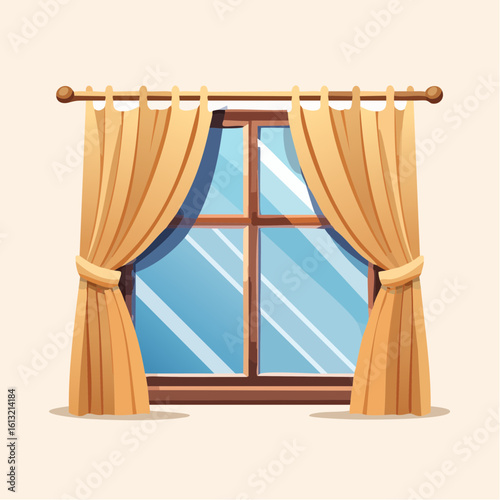 Window with drawn yellow curtains in a cozy flat style. Blue glass panes, isolated on white. Home interior concept. Generative AI
