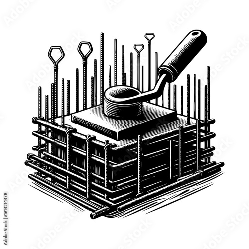 Construction of concrete foundation with rebar and trowel