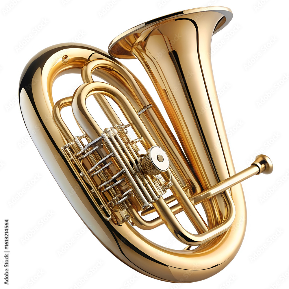 Obraz premium A gleaming golden tuba, a brass musical instrument, is shown isolated on a white background