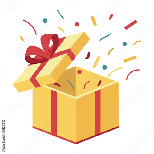 Yellow gift box with red ribbon bursts with confetti, isolated on white background