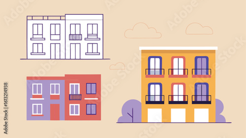 cartoon buildings with balconies and windows in different colors and styles