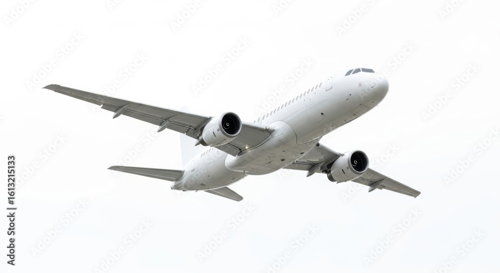 Modern white passenger jet airplane ascending against a clean white background Modern white passenger jet airplane ascending against a clean white background