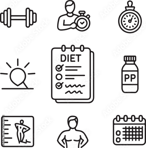Workout and Nutrition Guidance Icons – Outline Vector Set for Coaching, Motivation, and DietWorkout and Nutrition Guidance Icons – Outline Vector Set for Coaching, Motivation, and Diet