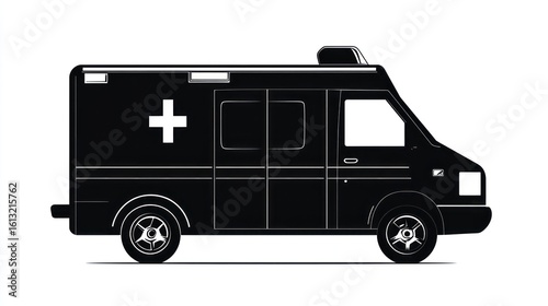 Side view of a black ambulance on a white background.  Possible use Stock photo for medical or emergency services