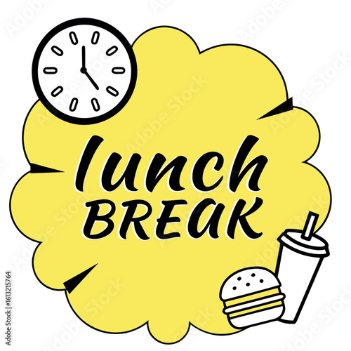 Clock, beverage and burger icons illustrate time for a lunch break on yellow background