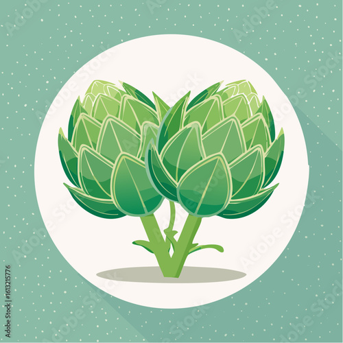 Vector of artichoke plants with circular frame and sky background, suitable for farming or gardening themes. Generative AI