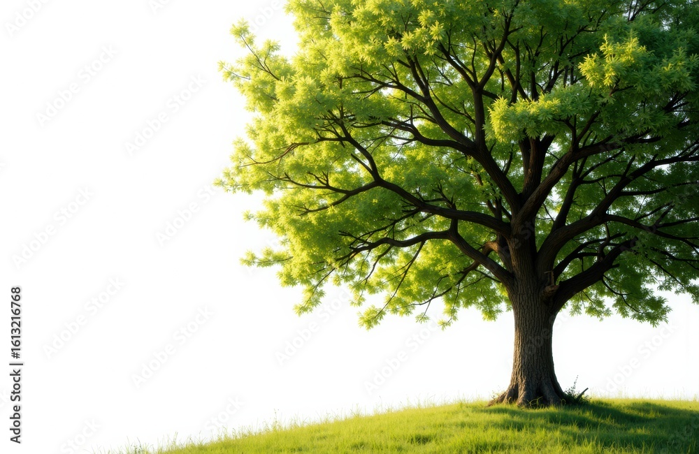 A lush green tree stands prominently on a grassy hill under bright sunlight A lush green tree stands prominently on a grassy hill under bright sunlight