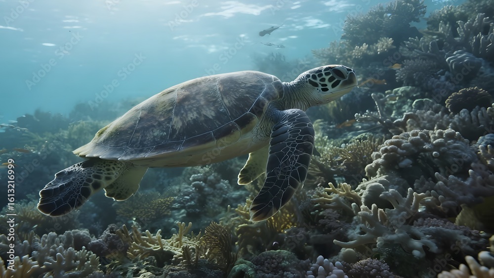 Obraz premium Underwater Ocean Scene with Marine Life and Seascape Elements