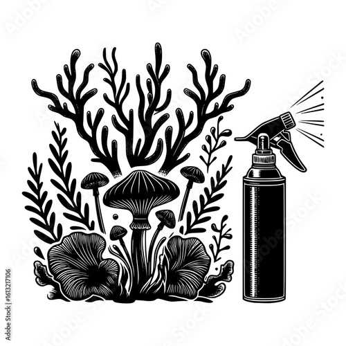 Mushroom garden being sprayed with a mister bottle in a botanical illustration style