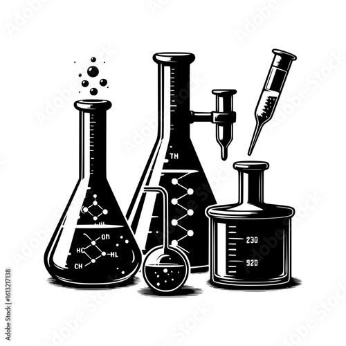 Vintage scientific laboratory glassware with bubbles and molecules