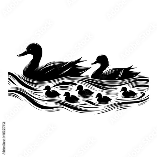Family of ducks swimming in water silhouette