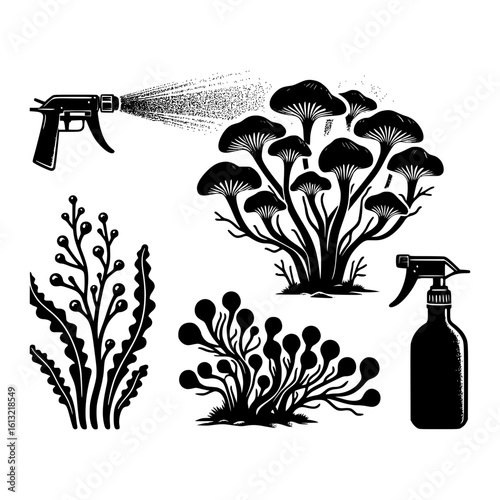 Illustration of plants and mushrooms being sprayed with a garden sprayer