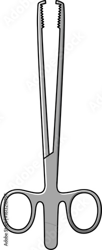 Surgical clamp with ratchet mechanism and finger rings, used in medical procedures for grasping and holding tissues.