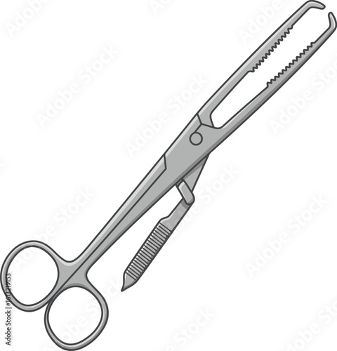 Illustration of a surgical instrument, specifically a bone holding forceps, featuring scissor handles, serrated jaws, and a ratchet mechanism for secure grip.