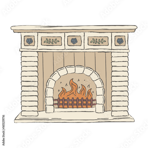Vintage hand drawn cozy fireplace with floral decoration and burning fire. Rustic cottagecore interior illustration for winter holiday cards, posters, stickers.