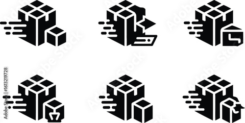 Six black icons of boxes with motion lines representing delivery on a white background image format