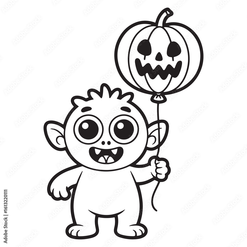Fototapeta premium Cute Baby Monster with Pumpkin Balloon