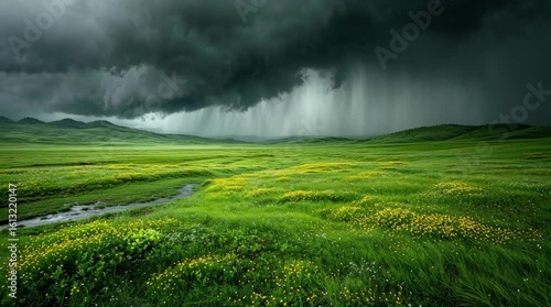 Storm-Swept Meadow: Dramatic Sky and Vibrant Grassland