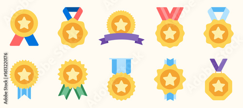 Modern Flat Star Ribbon Medal Badge Label Collection. Set Badge Icon Label Award Certificate Seal Design for Products and Certificates