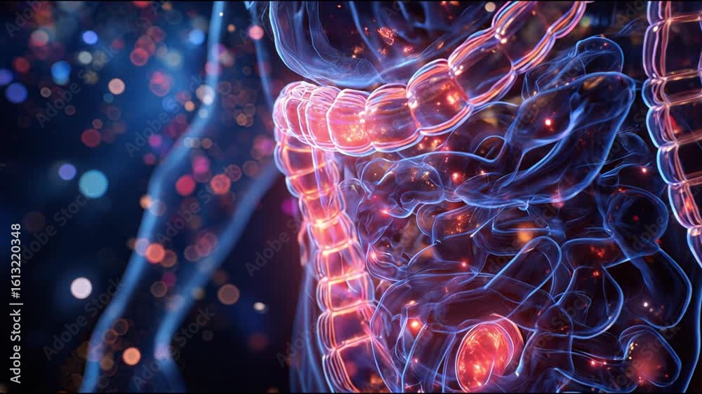 Damage Colon Medical anatomical visualization of the human colon. 3D model showing ...