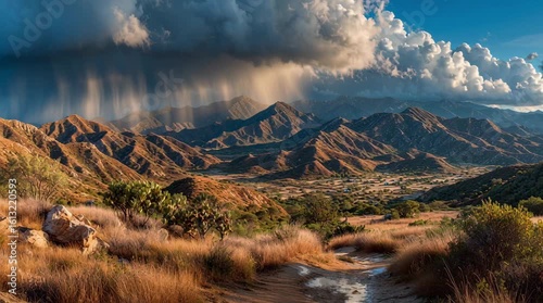 Storm-Swept Peaks: Dynamic Mountain scape with Rain Curtain