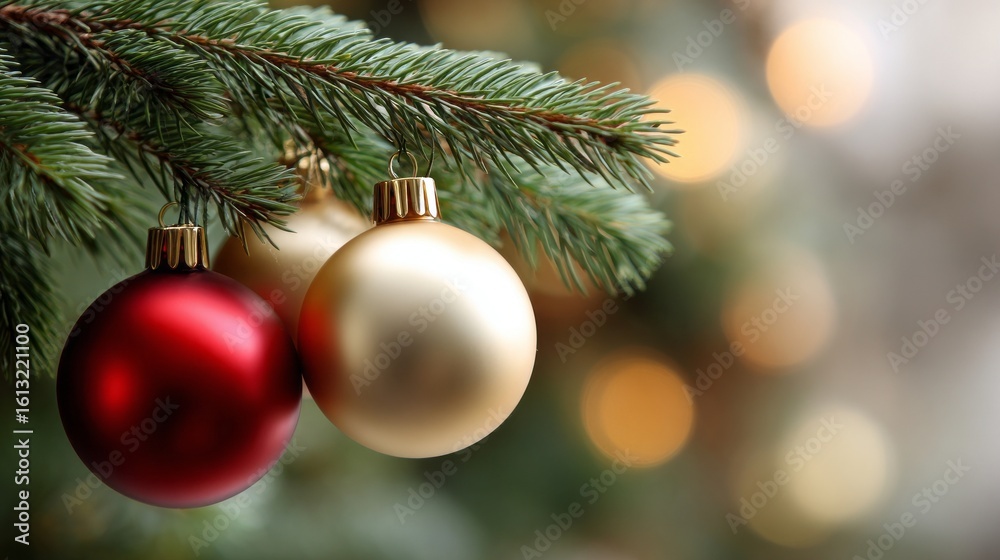 Obraz premium Three gold and red Christmas ornaments hanging from a tree branch. The gold ornaments are larger than the red ones