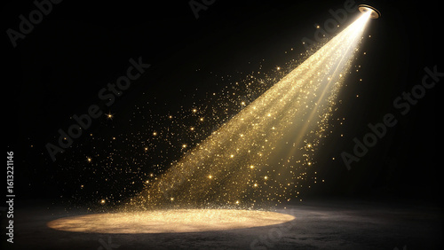 Golden spotlight illuminating a dark stage with glittering particles and starbursts