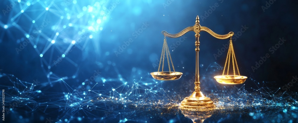 Obraz premium A gold balance scale sits on a reflective surface against a dark blue background with glowing blue lights and network connections.