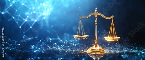A gold balance scale sits on a reflective surface against a dark blue background with glowing blue lights and network connections.