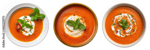 Set of Delicious tomato soup with cream garnish top view isolated on a transparent background