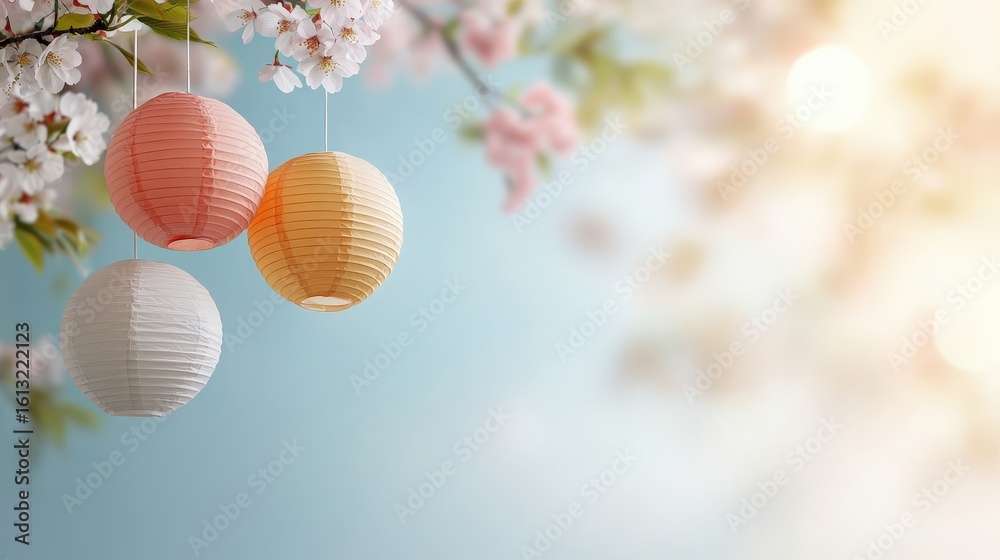 Fototapeta premium Colorful Paper Lanterns Under Cherry Blossom Branches in Spring