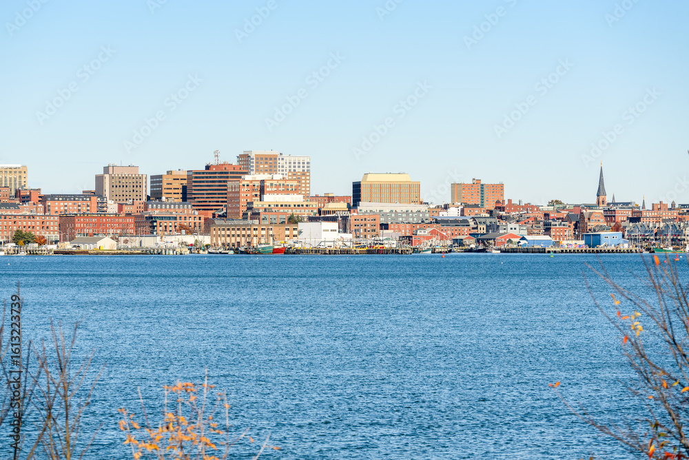 Obraz premium View of Portland skyline and harbour on a sunny autumn morning. Maine, USA.