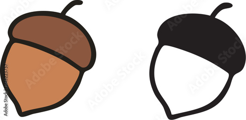 A simple graphic illustration of two acorns, one colored brown and the other a black and white outline.
