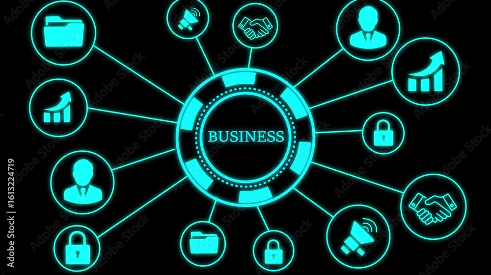 Animated business model diagram displaying data visualization and strategy concept .Digital core values infographic. Modern abstract diagram with neon blue design for business 