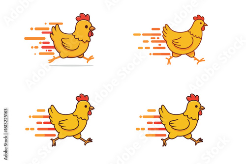 Speedy chicken icons dashing away, farm fresh poultry running fast for a humorous design element