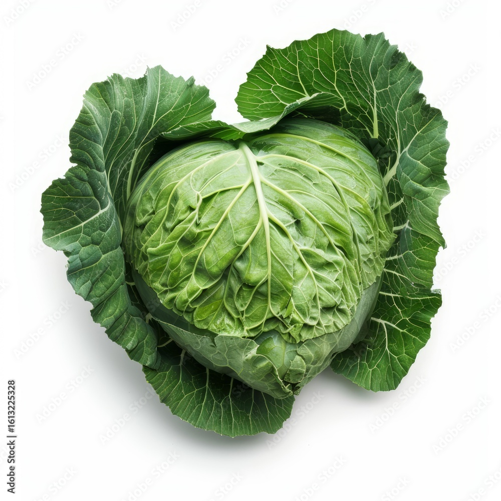 Fototapeta premium Fresh green cabbage is sitting on a white background in a studio setting
