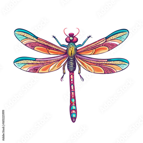 Vibrant colorful dragonfly with intricate wing patterns silhouette