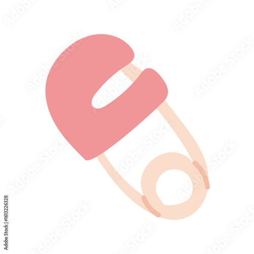 Pink baby safety pin in pink color. Flat color illustration. Pin for girl. Gender-based themed party banner, sticker. Pink baby jinx pinning object. Isolated. baby shower, gender reveal