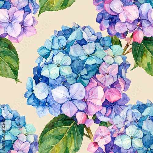 Generated image Repeating Hydrangea Clusters on Beige Background