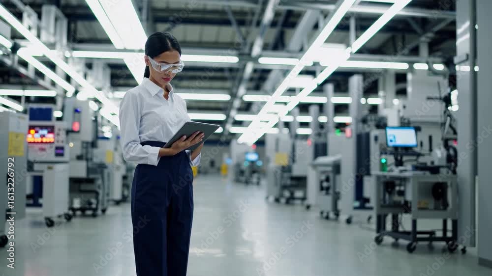Female worker engineer factory using tablet monitor production. Engineer woman tablet controls automated systems modern factory Female engineer tablet ensures efficient manufacturing process Female worker engineer factory using tablet monitor production. Engineer woman tablet controls automated systems modern factory Female engineer tablet ensures efficient manufacturing process