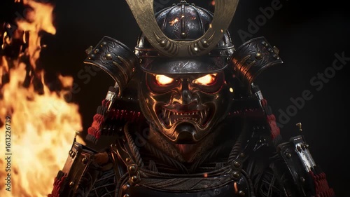 Infernal samurai warrior in flaming armor with pulsing ember eyes and dynamic fire animation