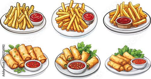 _2D_cartoon_illustration_of_a_plate_of_French_fries and spring rolls