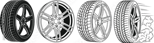 Four different car tires and wheels displayed in a row on a white background