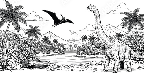 Prehistoric landscape with a long neck dinosaur and a flying reptile