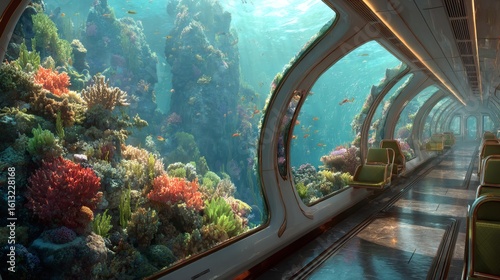 Underwater Viewing Tunnel with Colorful Coral Reef and Fish